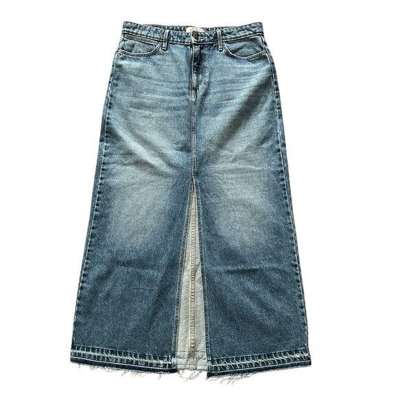 Wrangler Raw Hem Boho Denim Maxi Skirt Size 8 | 32 Front Slit Classic Wash EUC - Picture 2 of 9